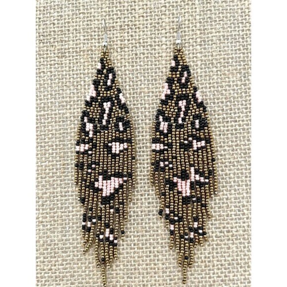 Handmade Miyuki Seed-Bead Fringe Dangling Earrings Animal Print Pink Gold NWT